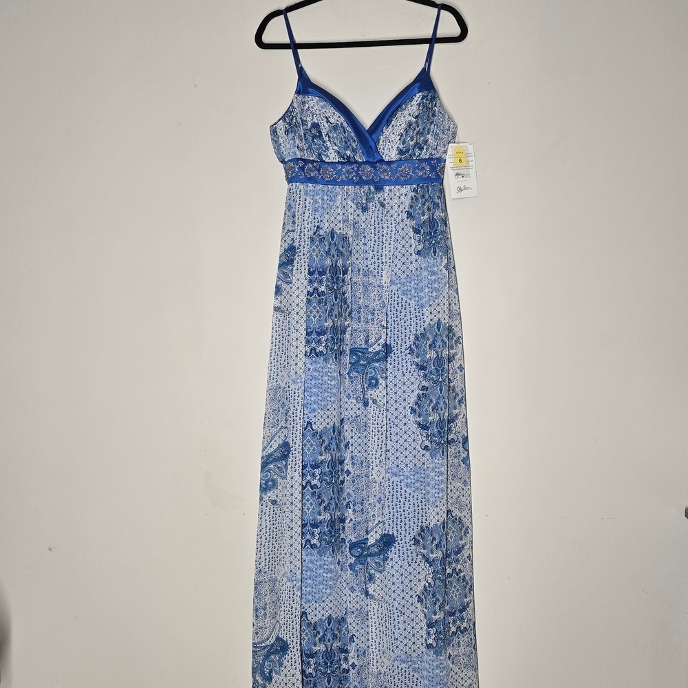 OC by OC Silk Maxi Dress Blue Paisley Beaded Empire Waist Size 6 NWT